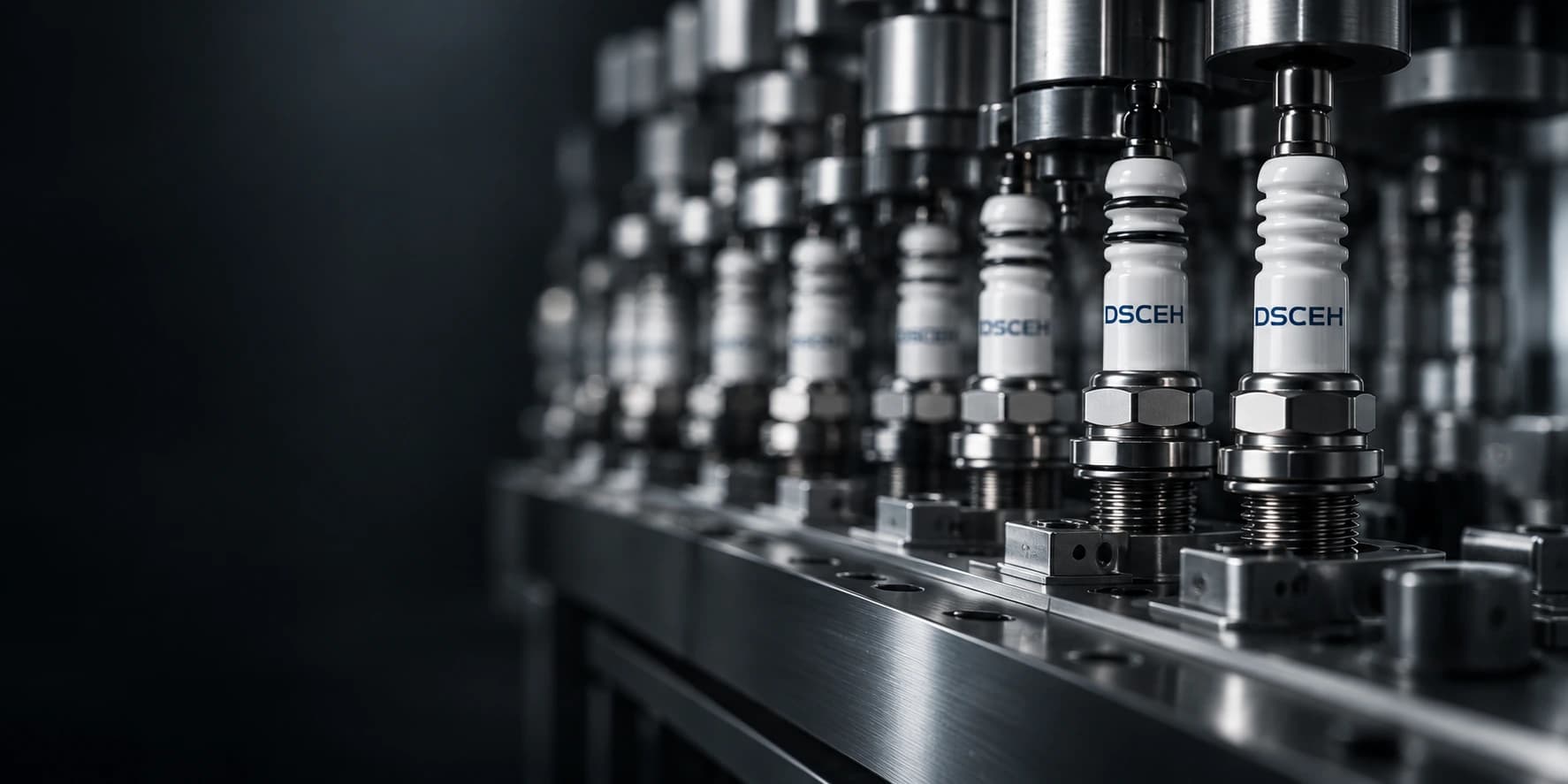 Spark plugs held in an automated production fixture — concept