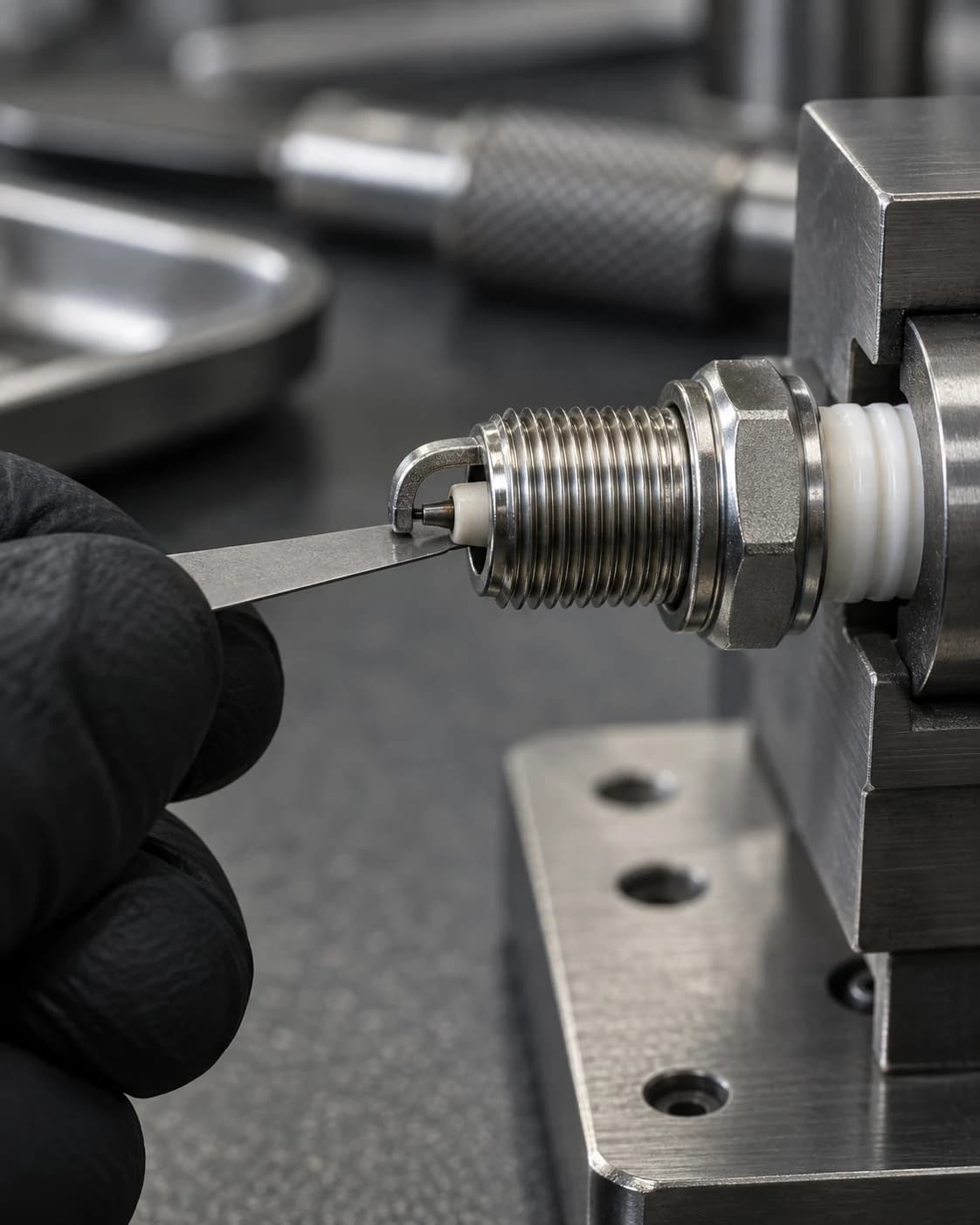 A spark plug firing tip and feeler gauge — gap control concept