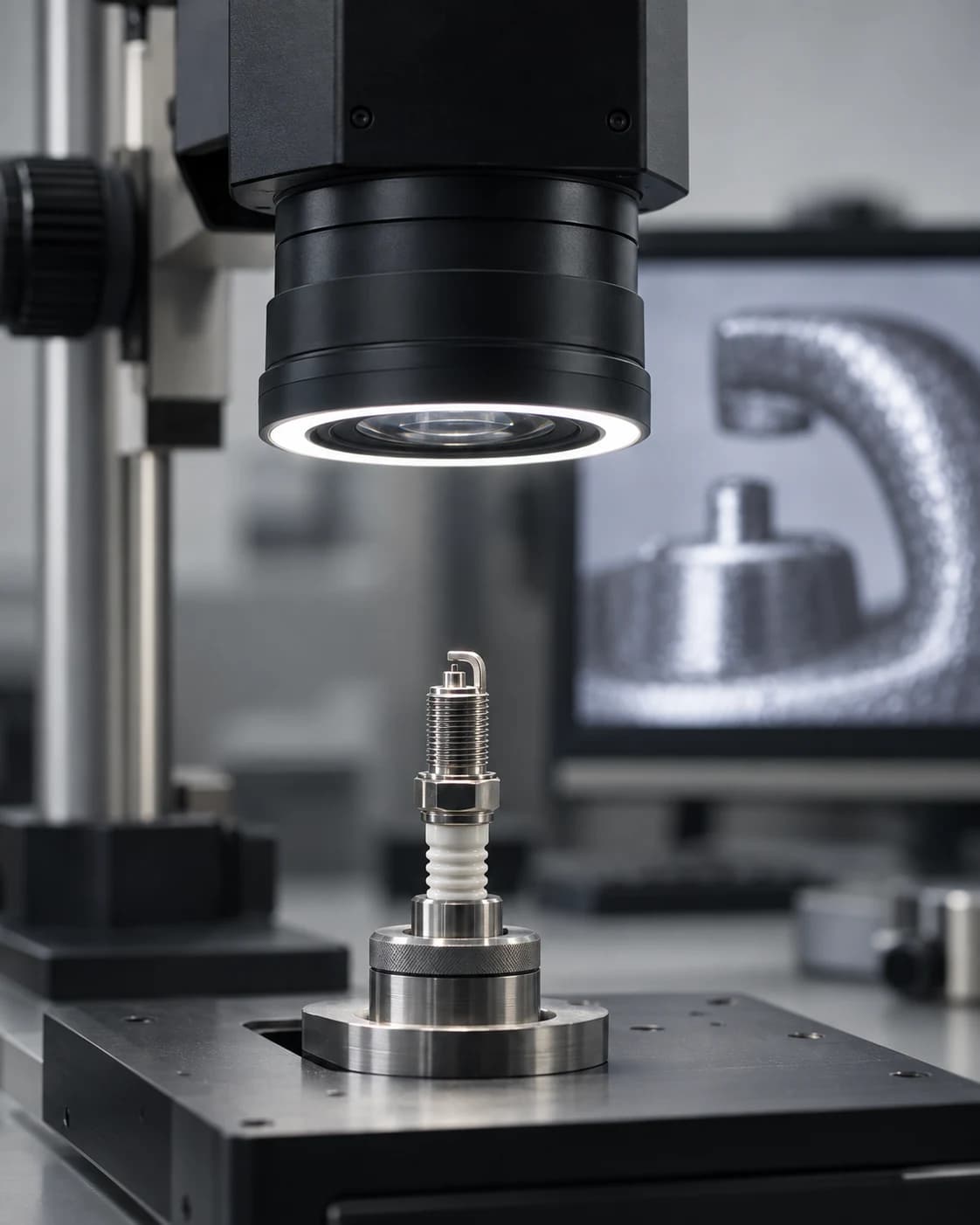 A spark plug beneath an optical inspection camera — inspection concept